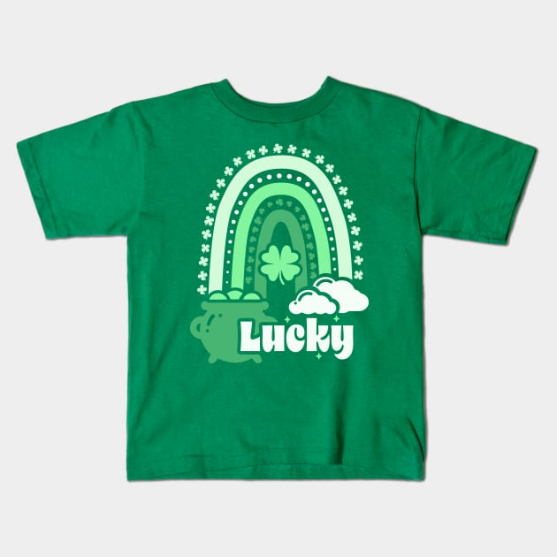 Lucky Clover Boho Rainbow Leading To A St Patrick's Leprechaun Pot Of Gold Kids T-Shirt by ChattanoogaTshirt